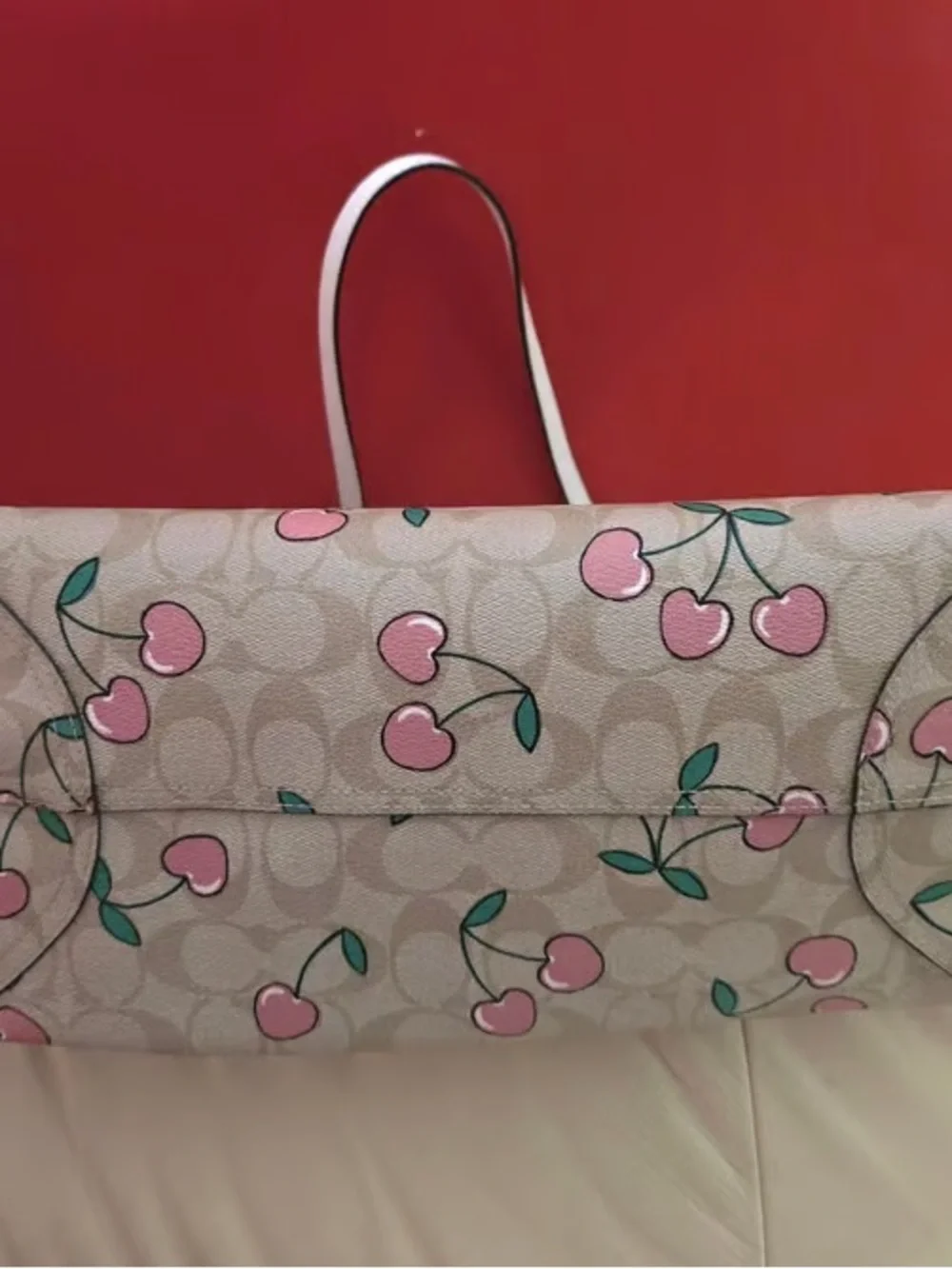 Coach Cherry-Print Canvas Tote in Pink and Beige with White Trim
